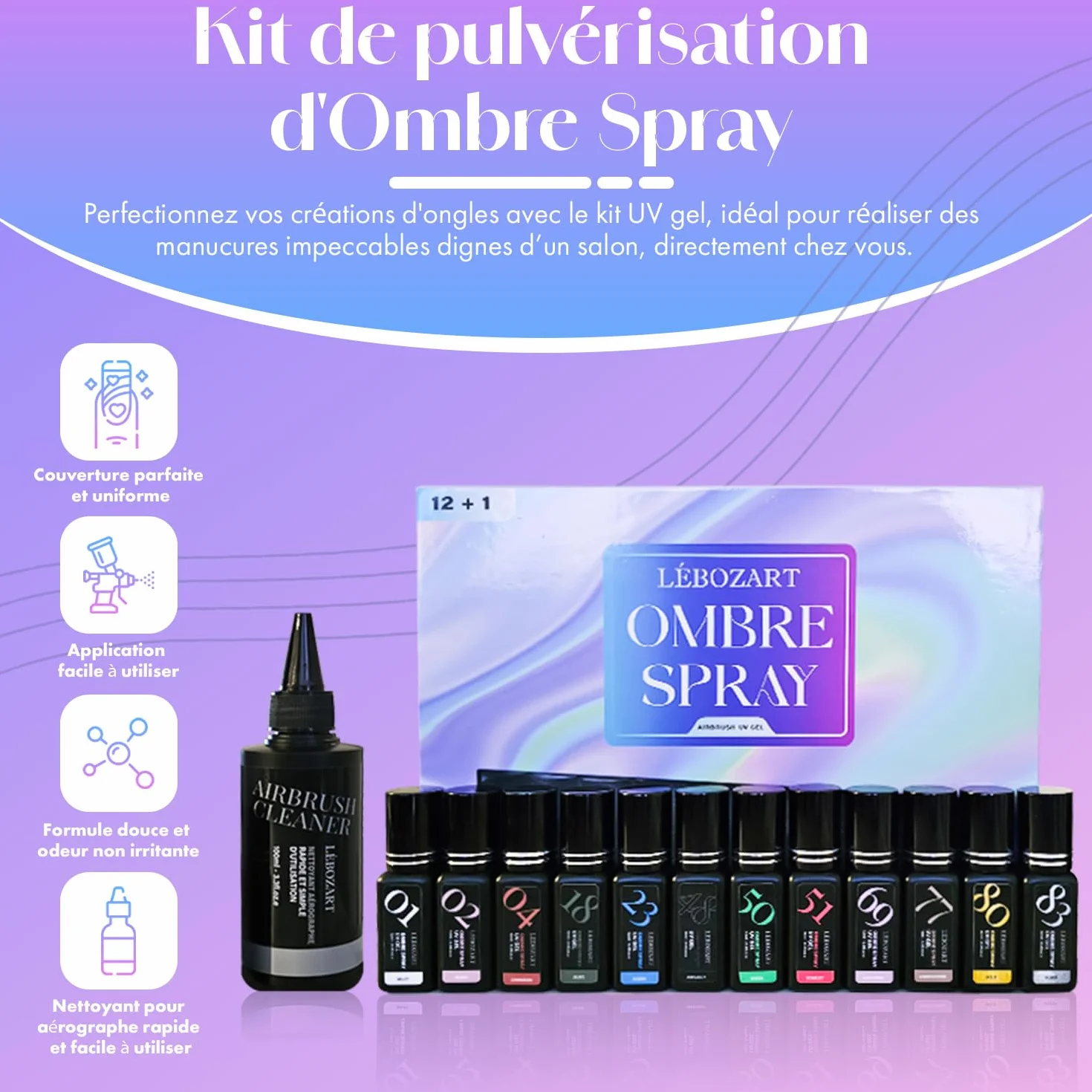 Kit 12 Vernis Semi-Permanent Gel UV Airbrush Ongle – Nail Art – Séchage Rapide Lampe UV/LED – Haute Pigmentation – Manucure Ongles – Nettoyant aérographe – Pochoir
