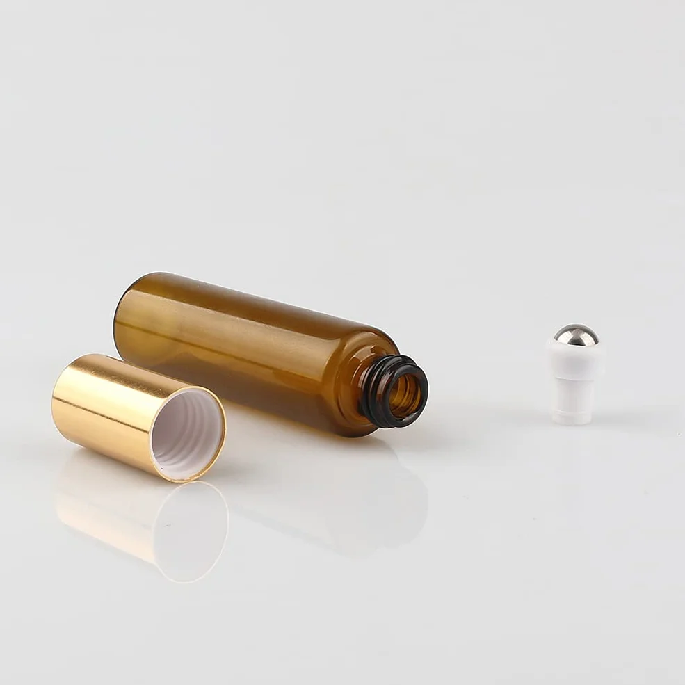 Flacons à Bille pour Huiles Essentielles 10ml – Bouteilles Roll On en Verre Marron Ambre avec Bouchon Or, Lot de 20