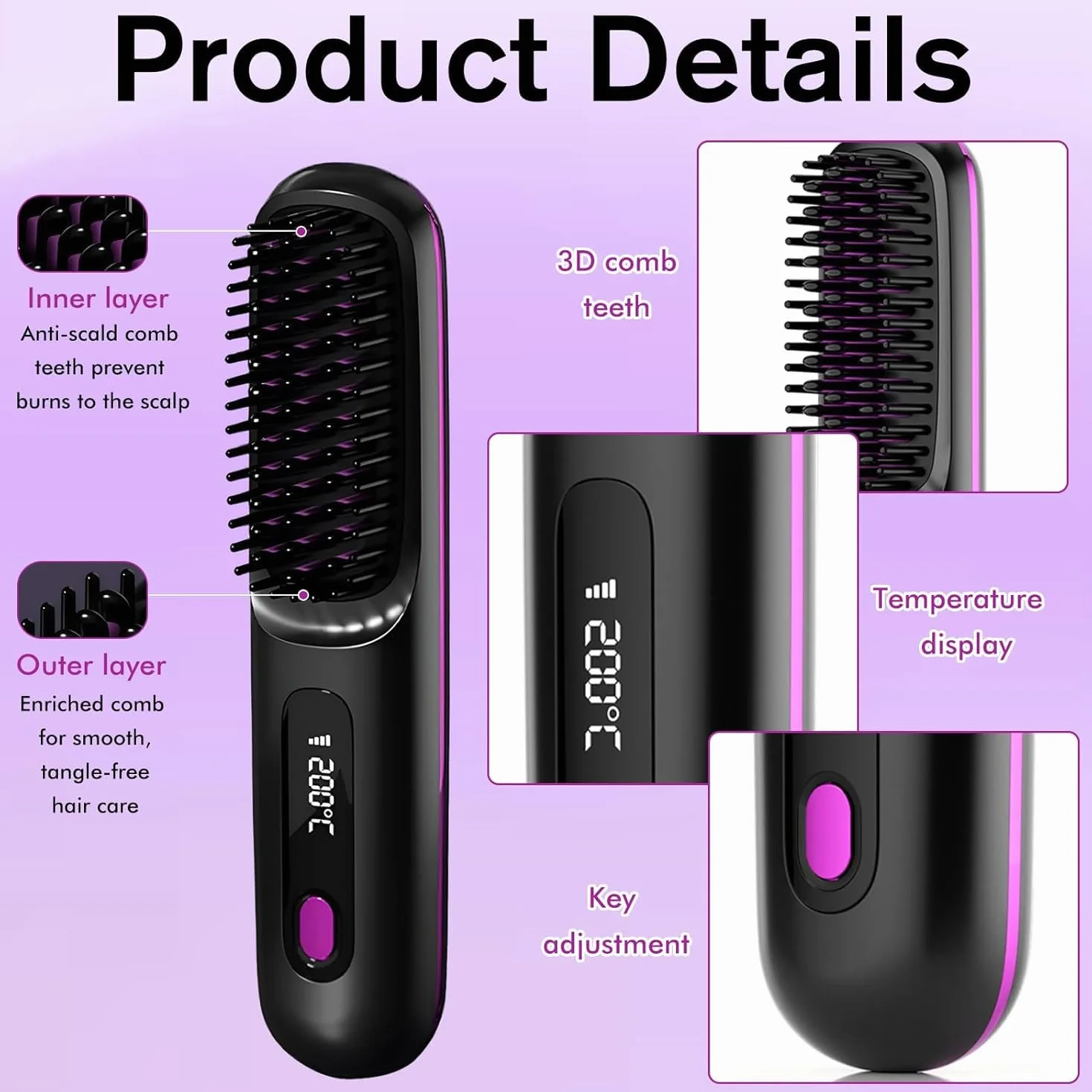 Brosse coiffante électrique sans fil pour cheveux courts, lissante avec affichage LED, 3 niveaux de température