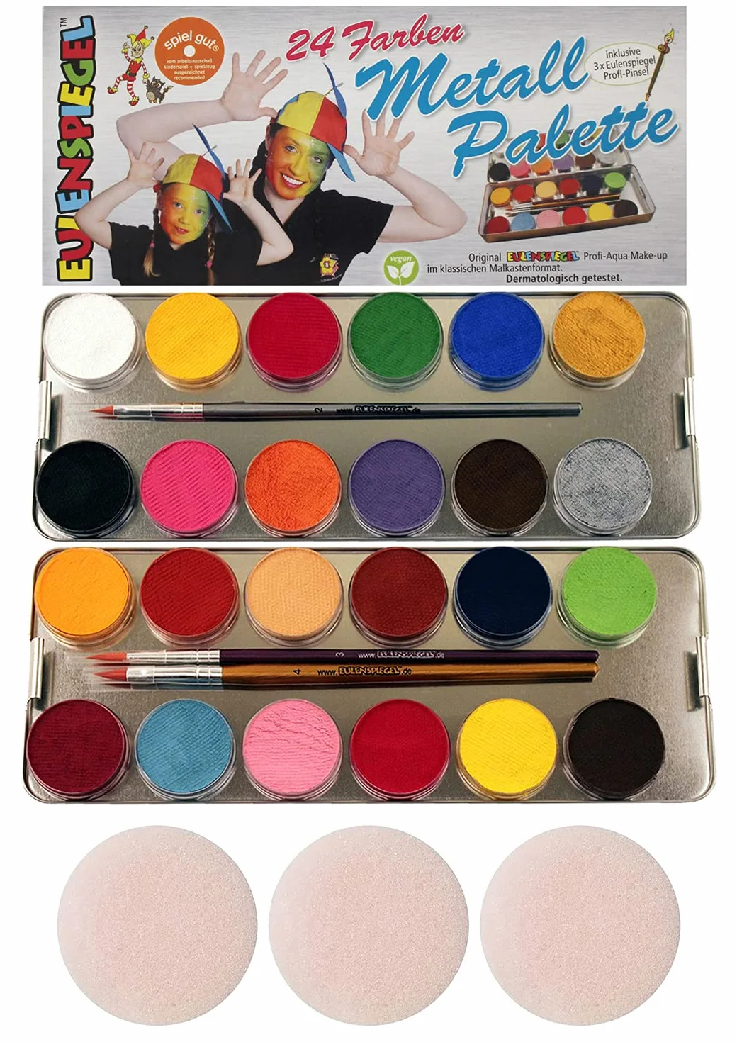 Eulenspiegel Maquillage aqua professionnel 24 couleurs Palette métallique avec pinceaux et éponges