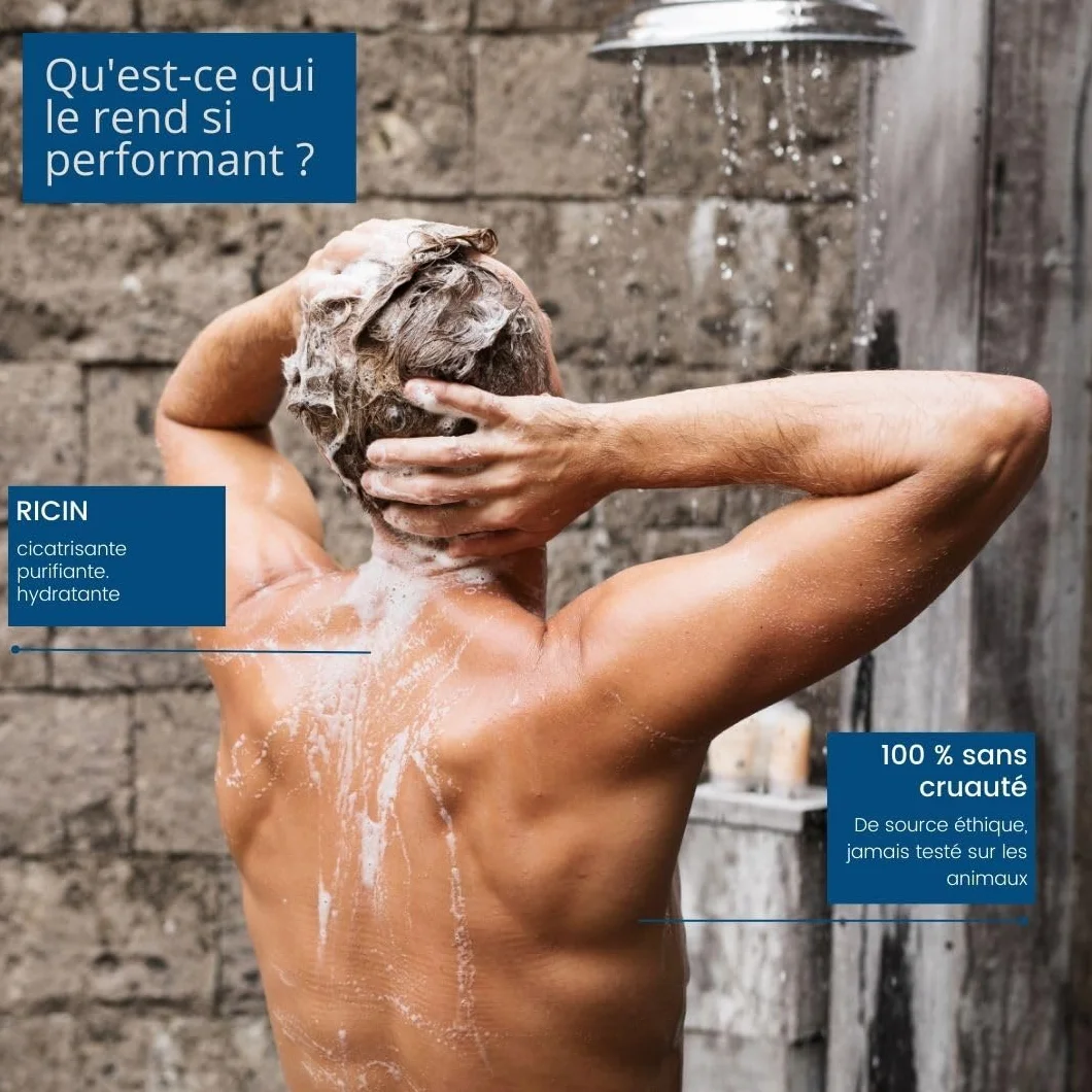 ROSEBAIE Duo Corps et Cheveux Ricin Kératine Probiotiques Shampoing Homme Antichute Antipelliculaire 250ml Gel Douche Fraîcheur Parfum Boisé 250ml