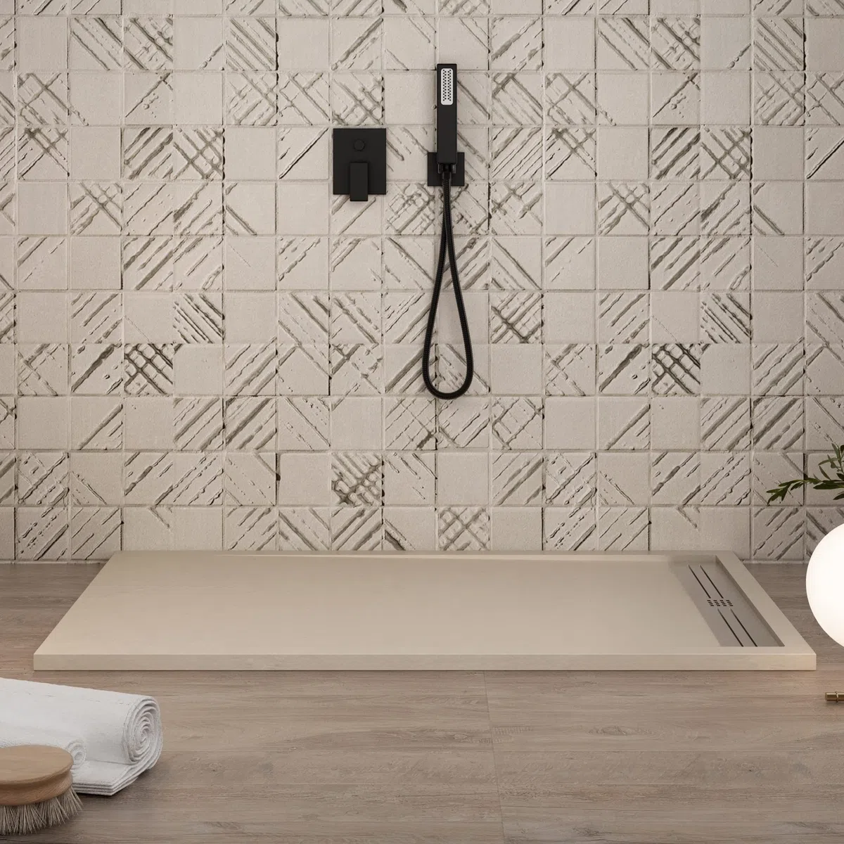 Receveur de douche en résine marbre crème effet pierre-ciment RELAX 90 x 110