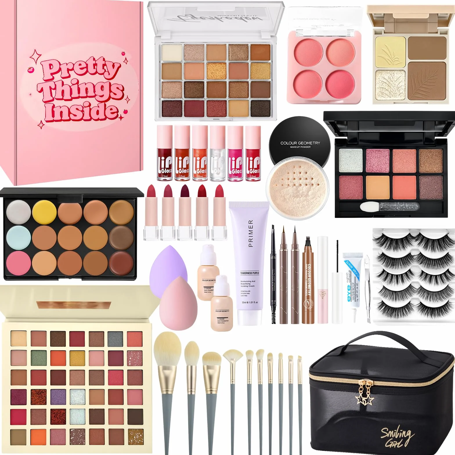 Kit Maquillage Femme, Coffret Cadeau Maquillage avec Palette Yeux Correcteurs Fond Teint Mascara Gloss Lèvres Eyeliner Crayon Sourcil Trousse Voyage