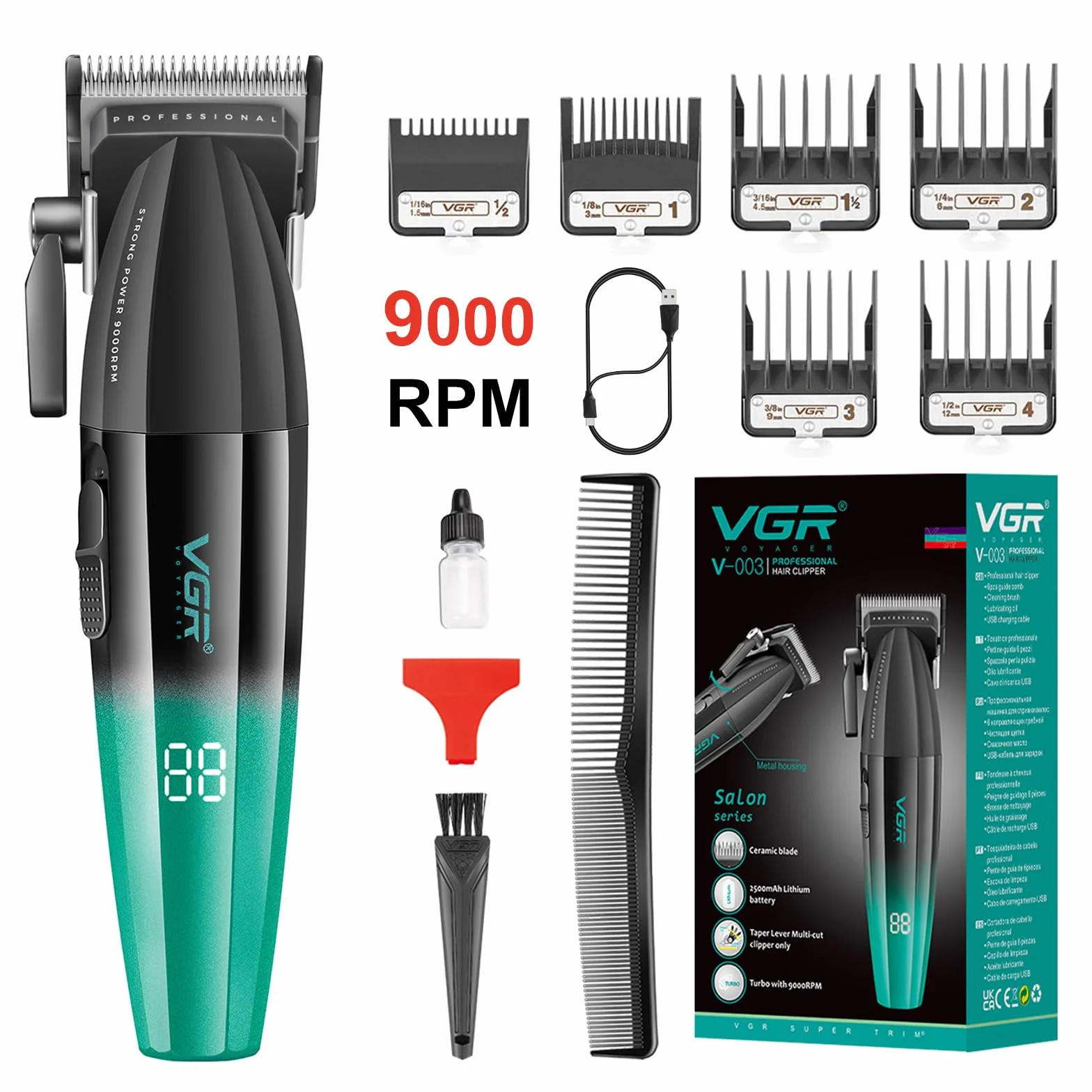 VGR 003 Fresh Fade Tondeuse Cheveux Hommes Professionnel, Boîtier Métallique et Moteur Puissant à 9000 TR/MIN, Tondeuse à Cheveux Sans Fil, Lames en Céramique, Affichage LED, Recharge USB, Vert