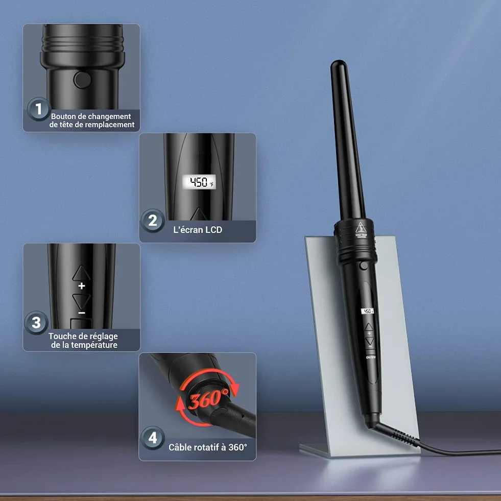 Fer à Boucler Céramique 5 en 1 avec Écran LCD Multifonction Interchangeable ET-W301