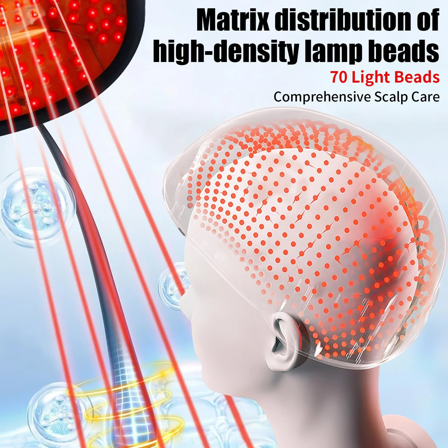Red Light Bonnet de soin pour la croissance des cheveux et contre la chute des cheveux, longueur d'onde 470 nm, 630 nm et 650 nm, 70 LED