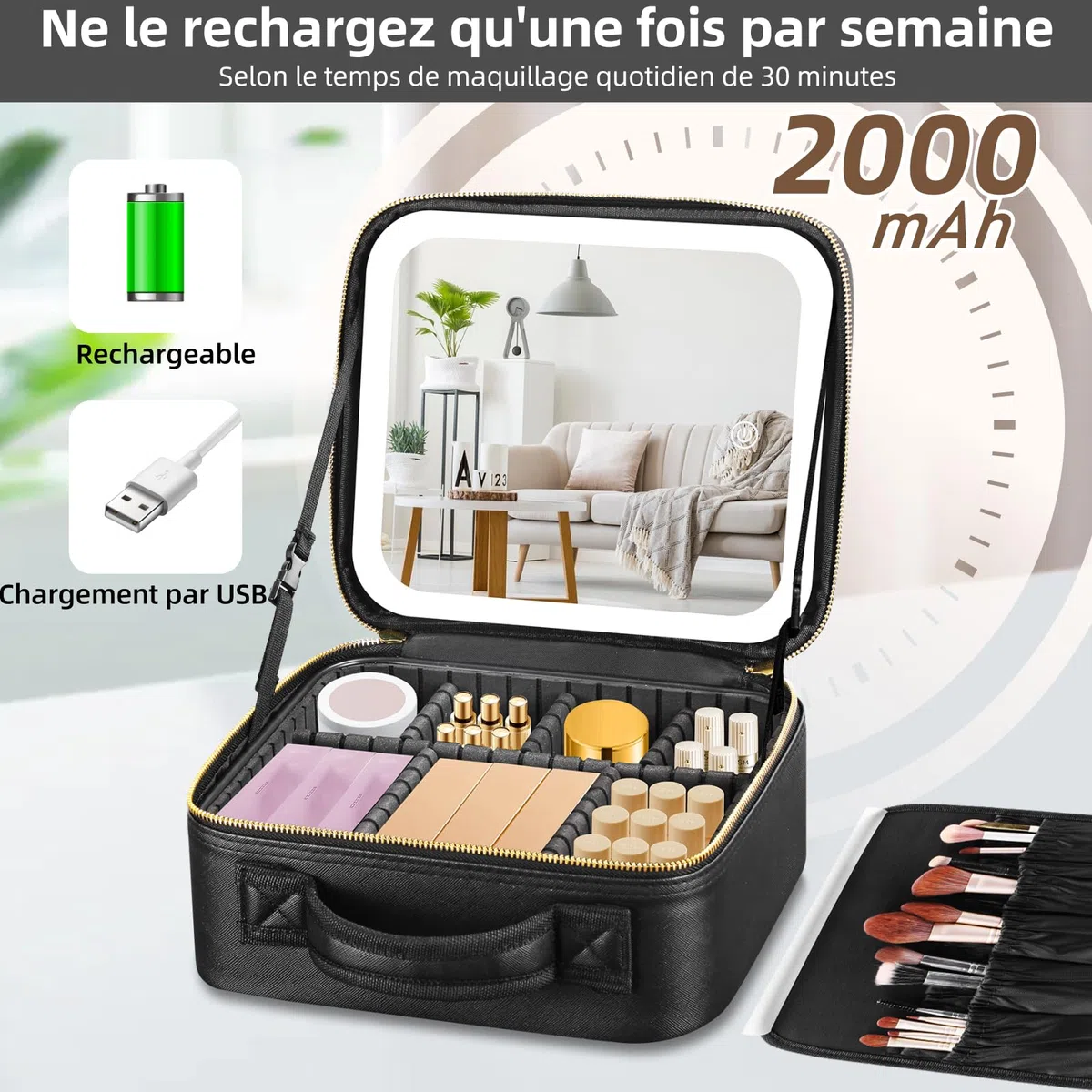 Sac de Maquillage de Voyage Sac cosmétique Sac Organisateur de Maquillage avec Grand Miroir éclairé 3 Modes de Couleur luminosité réglable, étanche en Cuir PU Makeup Travel Train Case