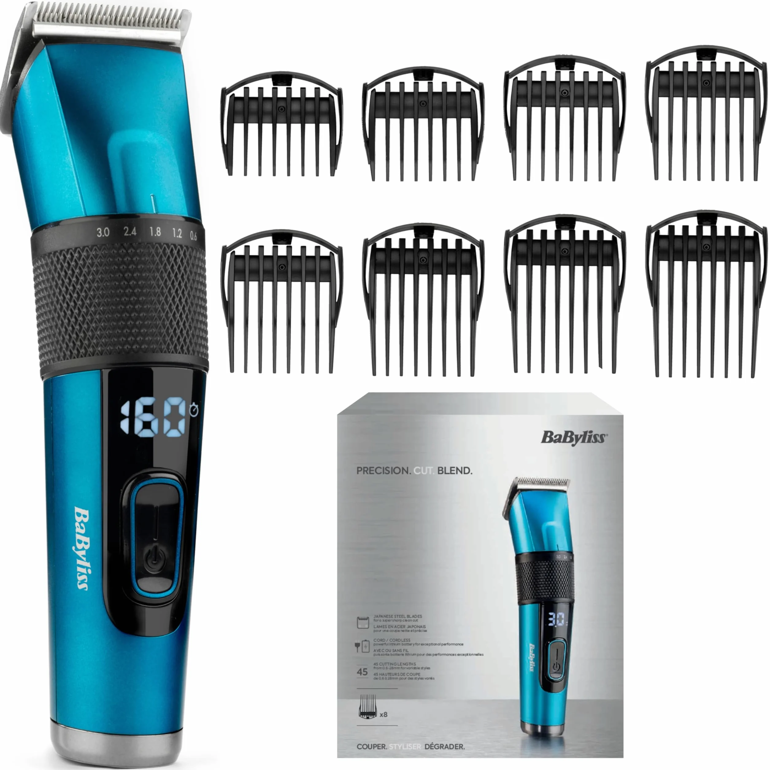 BaByliss Tondeuse cheveux lame acier japonais batterie lithium 160 min charge 3 h étui rangement rigide noir E990E