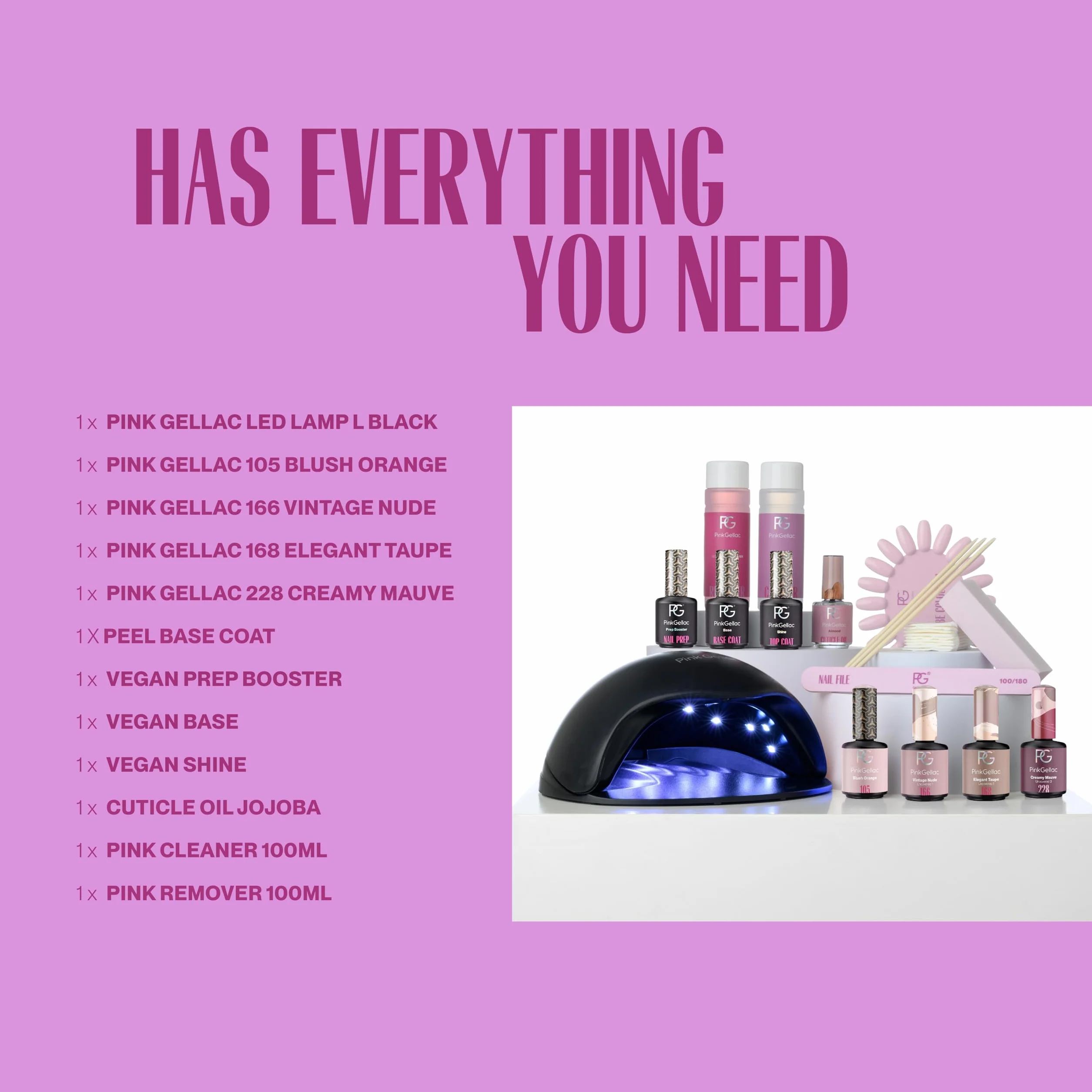 Pink Gellac Manucure Kit Semi Permanent avec Lampe UV LED Noir, 4x Teintes Roses 15 ml, Top & Base Coat Gel UV, Dissolvant et Cleaner