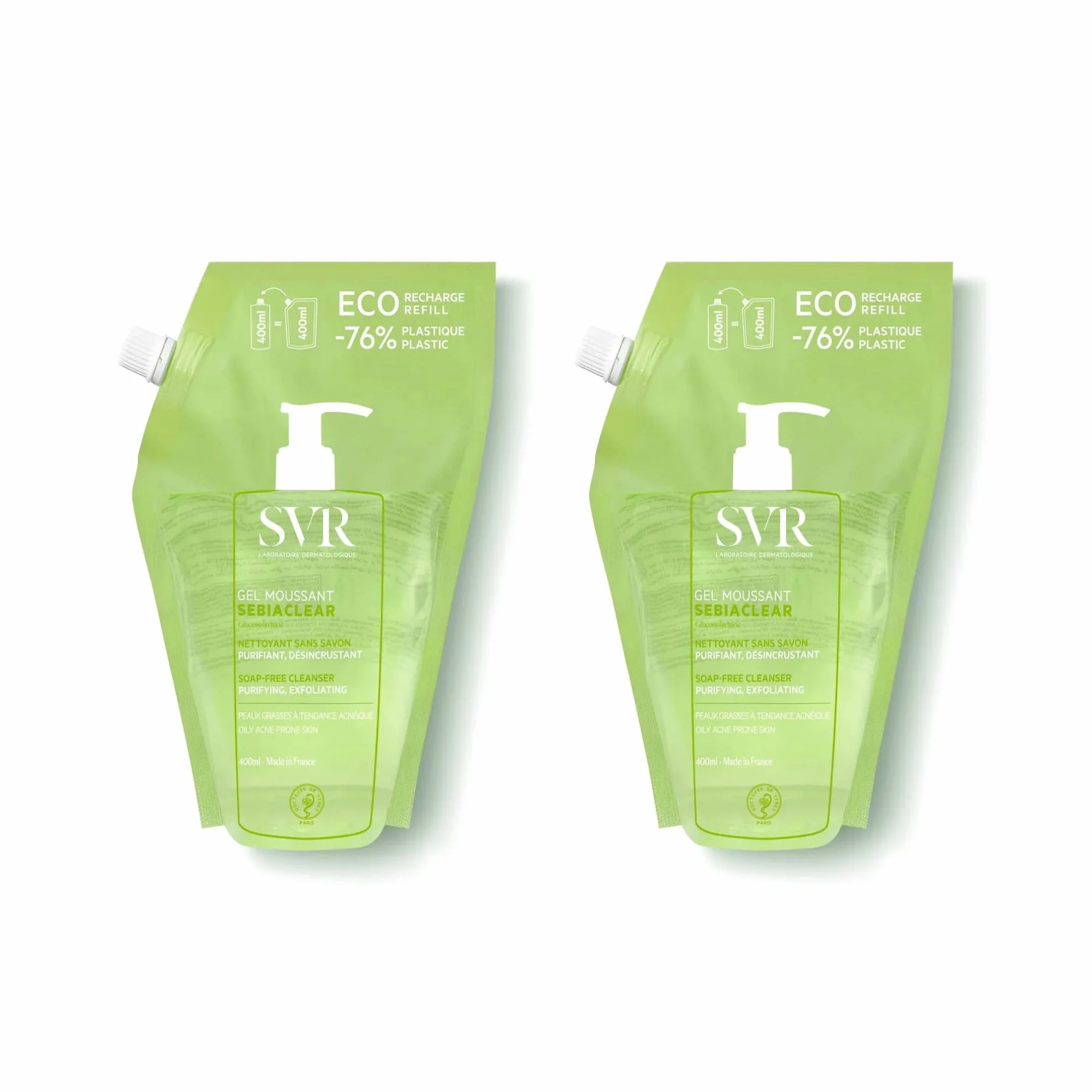 Sebiaclear Gel Moussant Recharge Lot de 2x400ml Nettoyant Visage & Corps Peaux Mixtes à Grasses Purifie Matifie Sans Savon