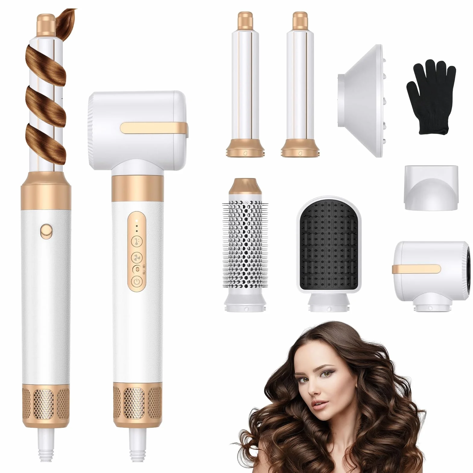 Brosse Soufflante 7 en 1, Air Styler avec Soufflantes, Diffuseur, Buse de Coiffage, Sèche-Cheveux à Ions Négatifs Haute Vitesse, Boucleur a Air, Hair Styler Set pour Sécher Boucler Lisser