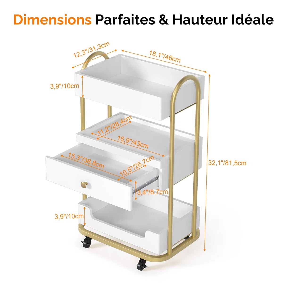 Bonnlo Chariot de Coiffure, Chariot de Salon Professionnel 3 Étages avec Tiroir, roulettes Verrouillables, Plateau Supérieur Plat avec Bordure, pour Esthétique, Spa, Studio Ongles, Blanc et Doré