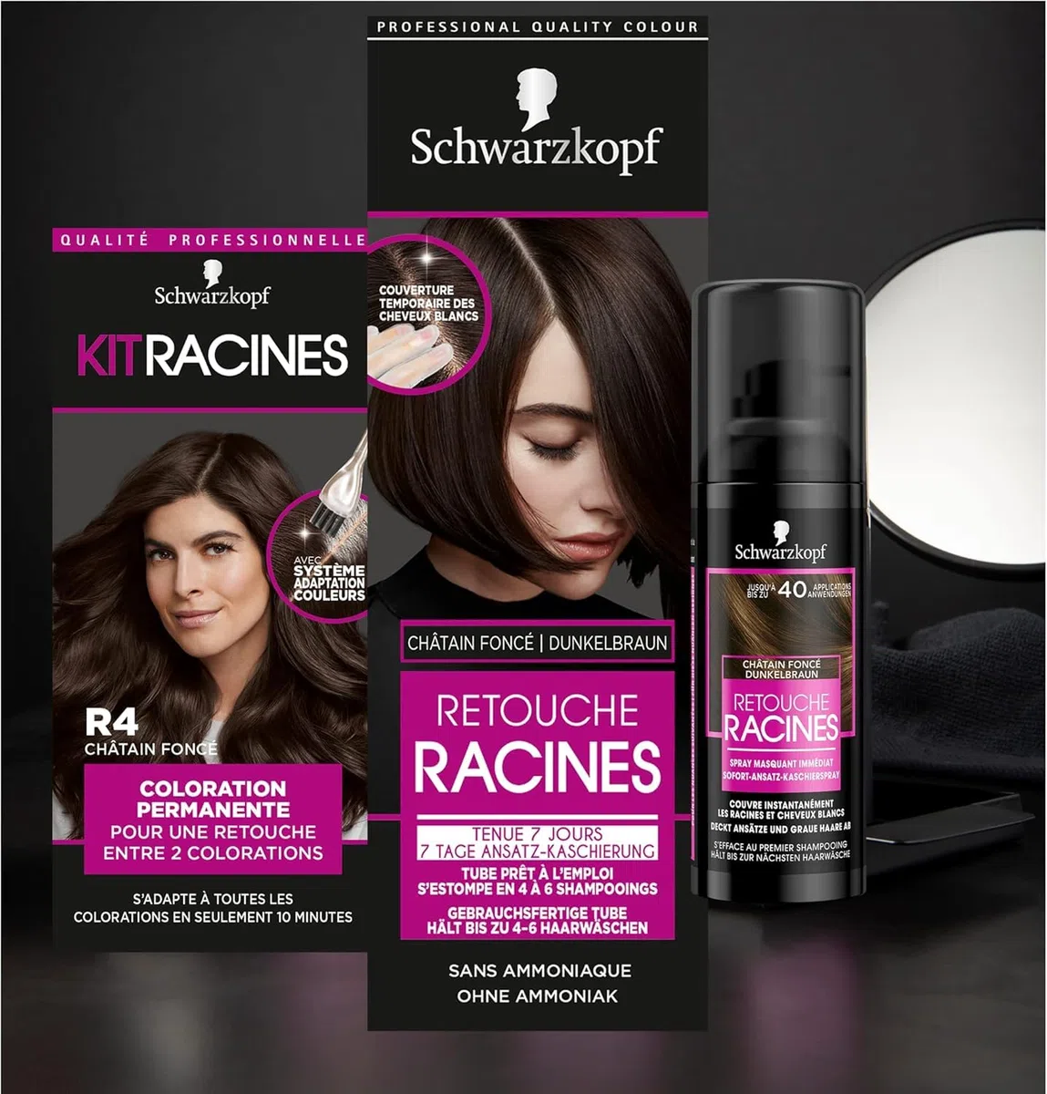 Schwarzkopf - Lot de 3 Retouche Racines Cheveux Blancs - Spray Masquant Temporaire Racines Cheveux - S’efface au premier shampooing - Châtain foncé