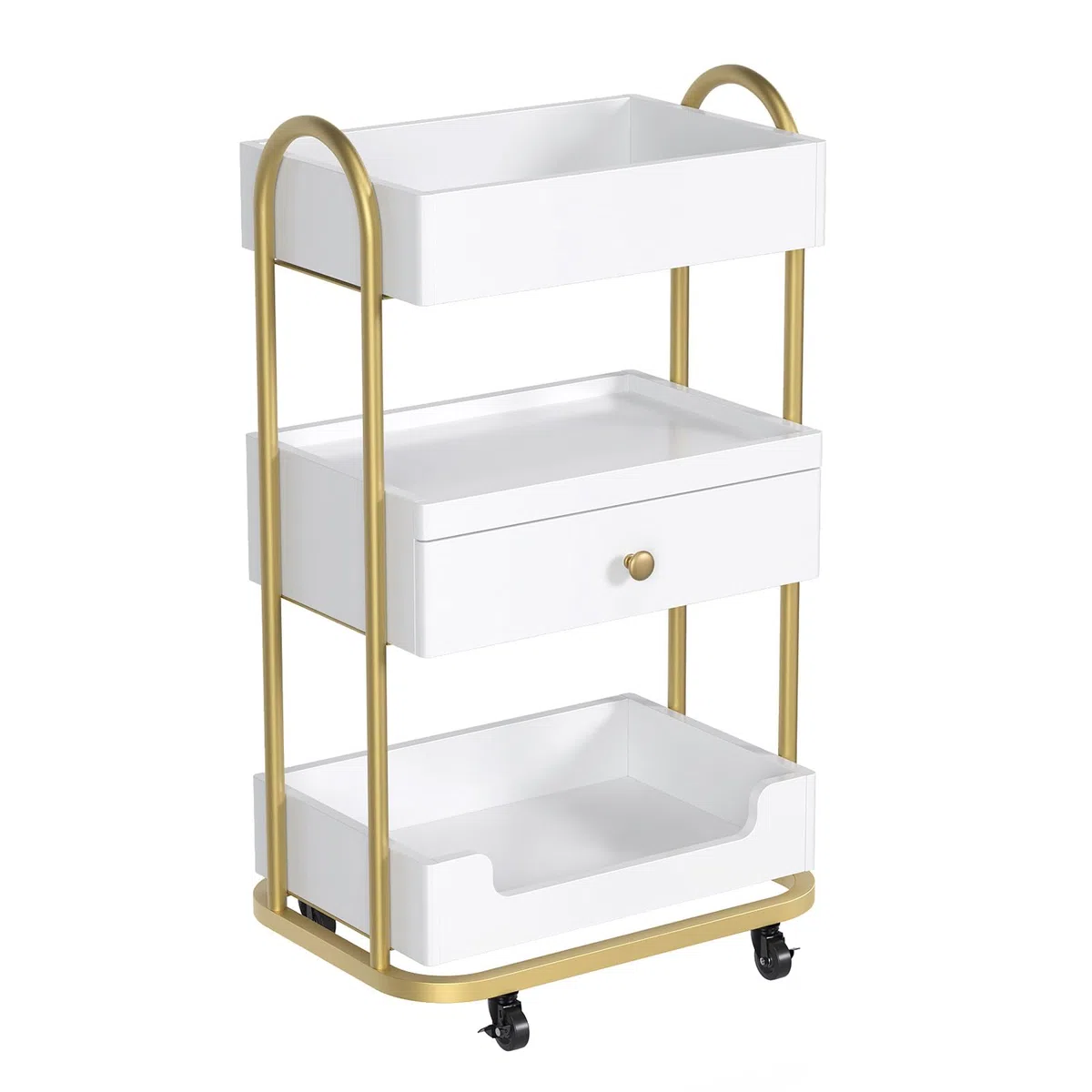 Bonnlo Chariot de Coiffure, Chariot de Salon Professionnel 3 Étages avec Tiroir, roulettes Verrouillables, Plateau Supérieur Plat avec Bordure, pour Esthétique, Spa, Studio Ongles, Blanc et Doré