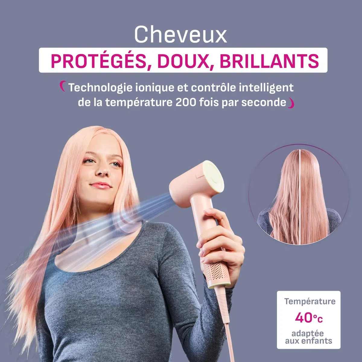 Calor Blumia, Sèche-cheveux ultra compact et léger, Moteur digital, Flux d'air 225km/h, Contrôle de température, Buse magnétique, Facile à ranger et transporter, Pêche, HY5N11C0