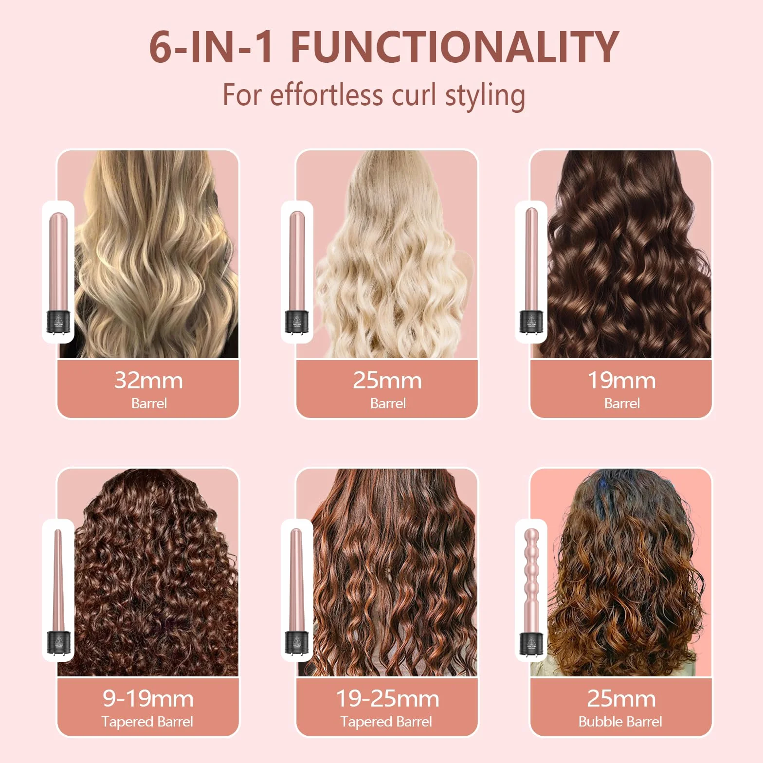 6 en 1 Fer à Boucler Cheveux en Céramique Chauffage Rapide Fer à Friser avec LCD Écran Température Réglable Ensemble de Grandes et Petites Boucles et Gant Anti-brûlure