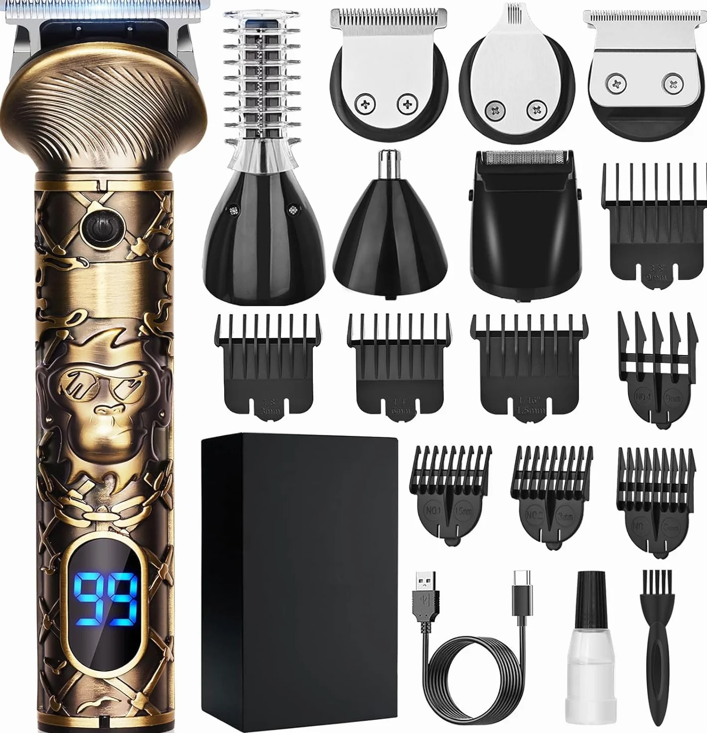 Professionnelle Tondeuse Cheveux Barbe Homme Sans Fil Rasoir avec Affichage Type-C USB, Kit 5-en-1 pour Homme