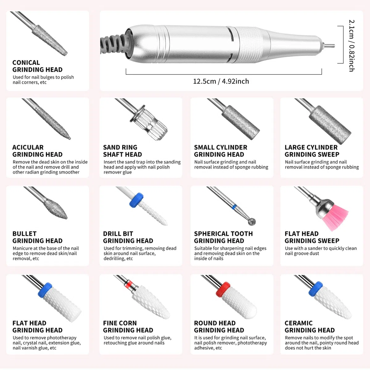 Ponceuse pour Ongles Professionnelle 45000 RPM Portable Rechargeable avec 13 Embouts et 56 Bandes de Ponçage, LCD écran, Ultra Silencieuse, Silencieuse pour Salon/Maison (Rose)