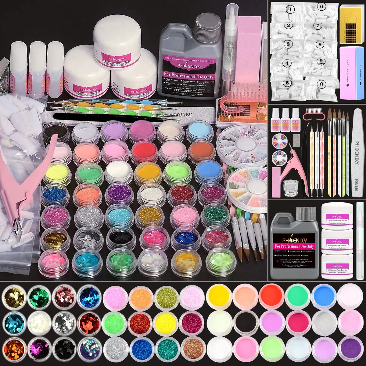 Phoenixy Kit Ongle Acrylique Complet 42 Couleurs Paillette Ongles Nail Art et 3 Poudre Acrylique pour Ongles Professionnel Set pour Débutants