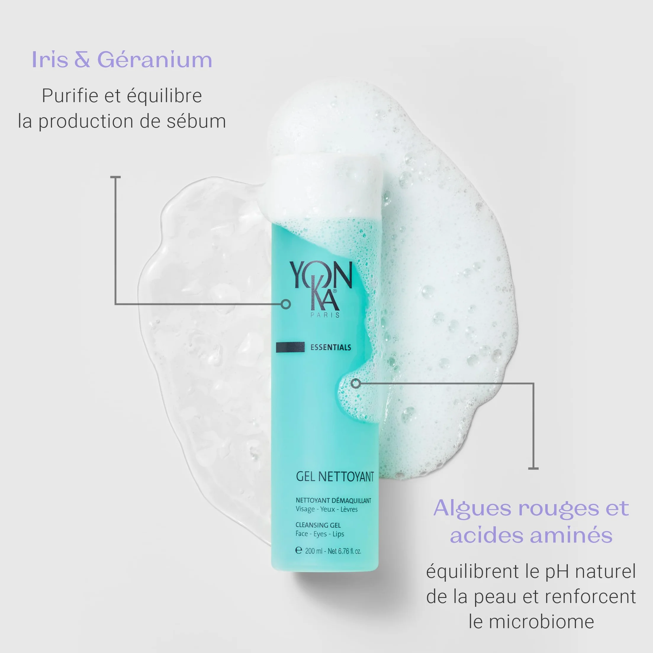 Yonka Gel Nettoyant Moussant 200ml Démaquillant Visage Yeux Lèvres Peaux Mixtes à Grasses