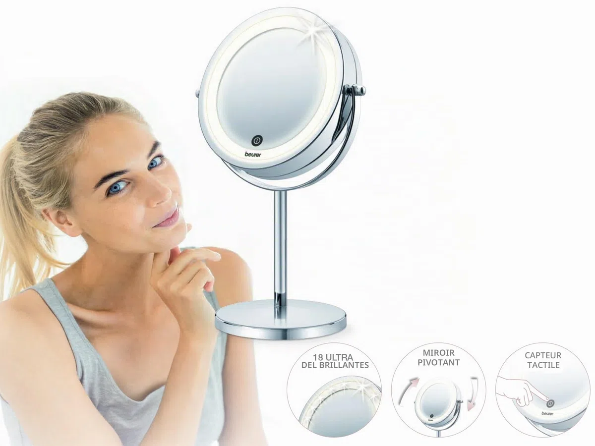 Beurer BS 55 Miroir cosmétique éclairé et chromé de haute qualité, lumière LED claire avec variateur, grossissement normal et 7x