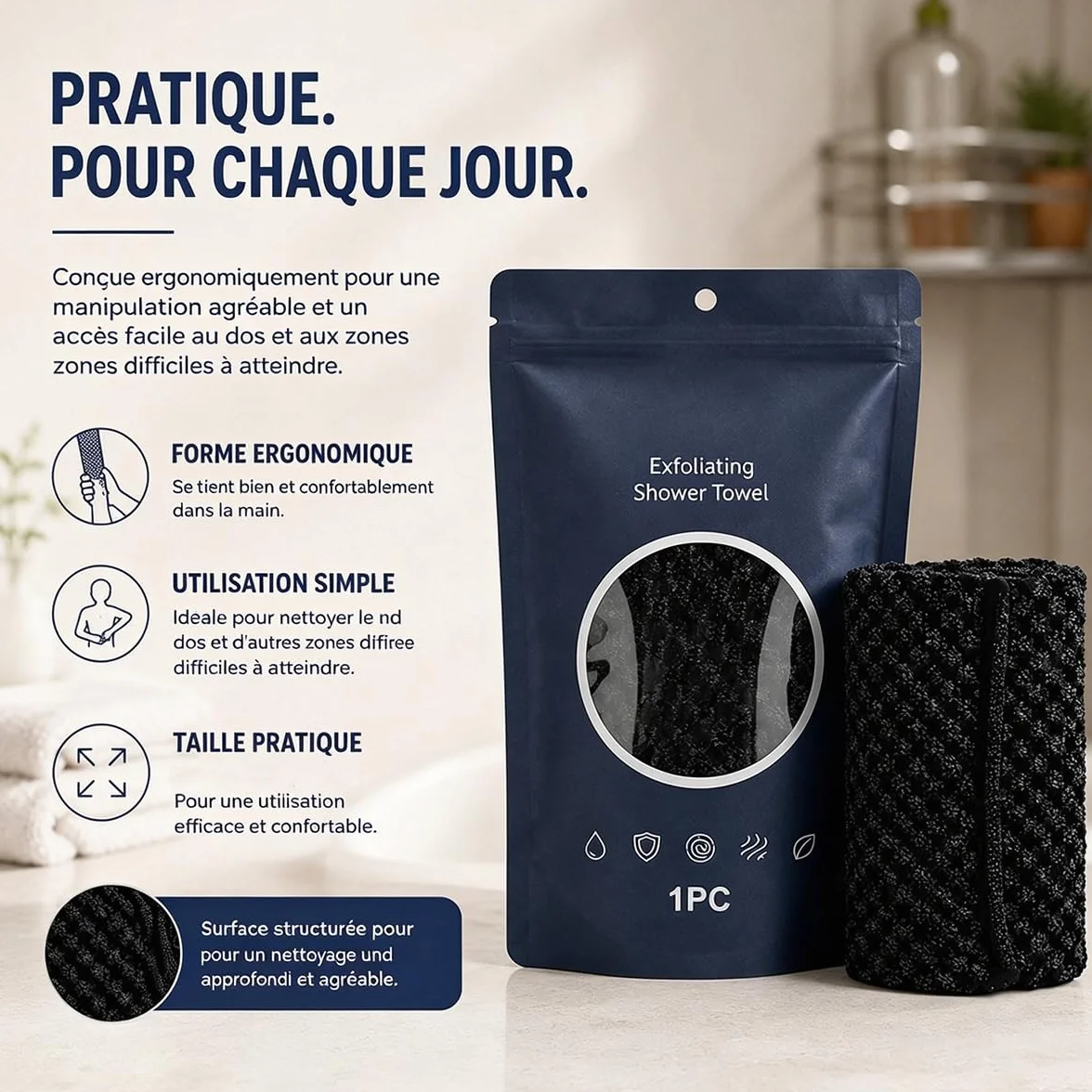 Ecovia Serviette Exfoliante Douce Corps Visage Lot 3 Couleurs Noir Rose Bleu