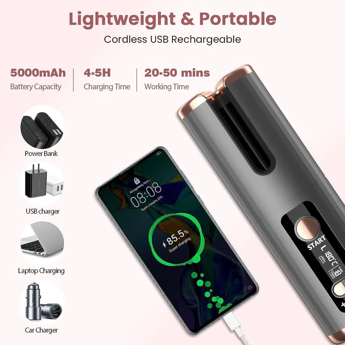 Fer a Boucler Cheveux Automatique Sans Fil Fer a Friser avec 6 Réglages de Température & Minuteur, Boucleur Céramique USB Rechargeable, Anti-brûlure, pour Cheveux Longs Courts