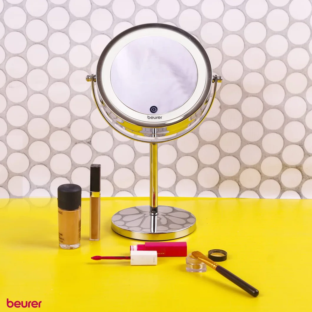 Beurer BS 55 Miroir cosmétique éclairé et chromé de haute qualité, lumière LED claire avec variateur, grossissement normal et 7x