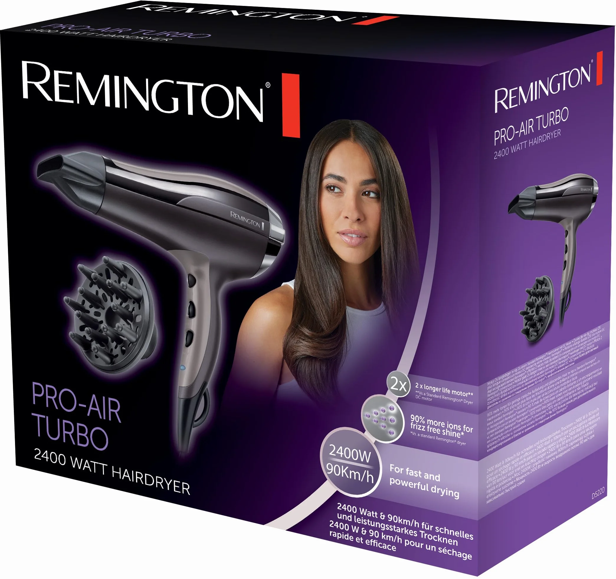Remington Sèche-cheveux Ionique [Léger & Puissant] Pro-Air Turbo (2400W, Tourmaline Céramique,Séchage rapide, répartition uniforme de chaleur, 3 températures/2 vitesses,concentrateur+ diffuseur) D5220