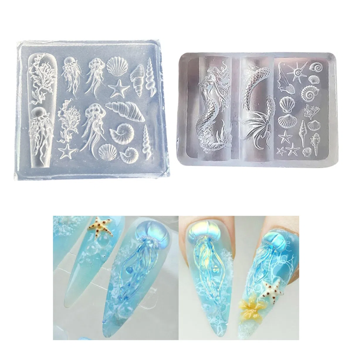 Lot de 2 décorations en silicone sur le thème de l'océanique avec des sculptures détaillées de créature marine pour ongles en silicone de qualité alimentaire