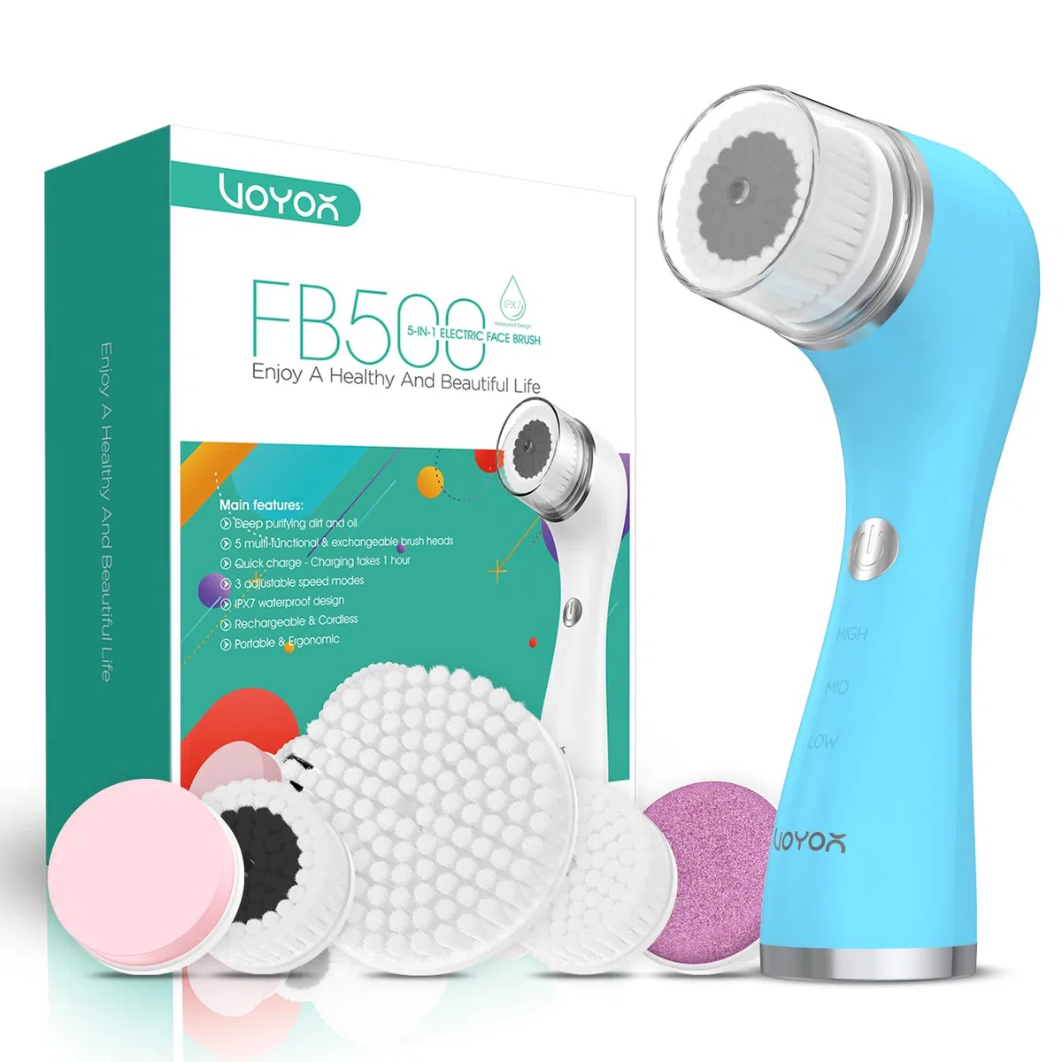 VOYOR Brosse Visage Nettoyante Électrique Rechargeable 5-en-1 IPX7 FB500 Bleu