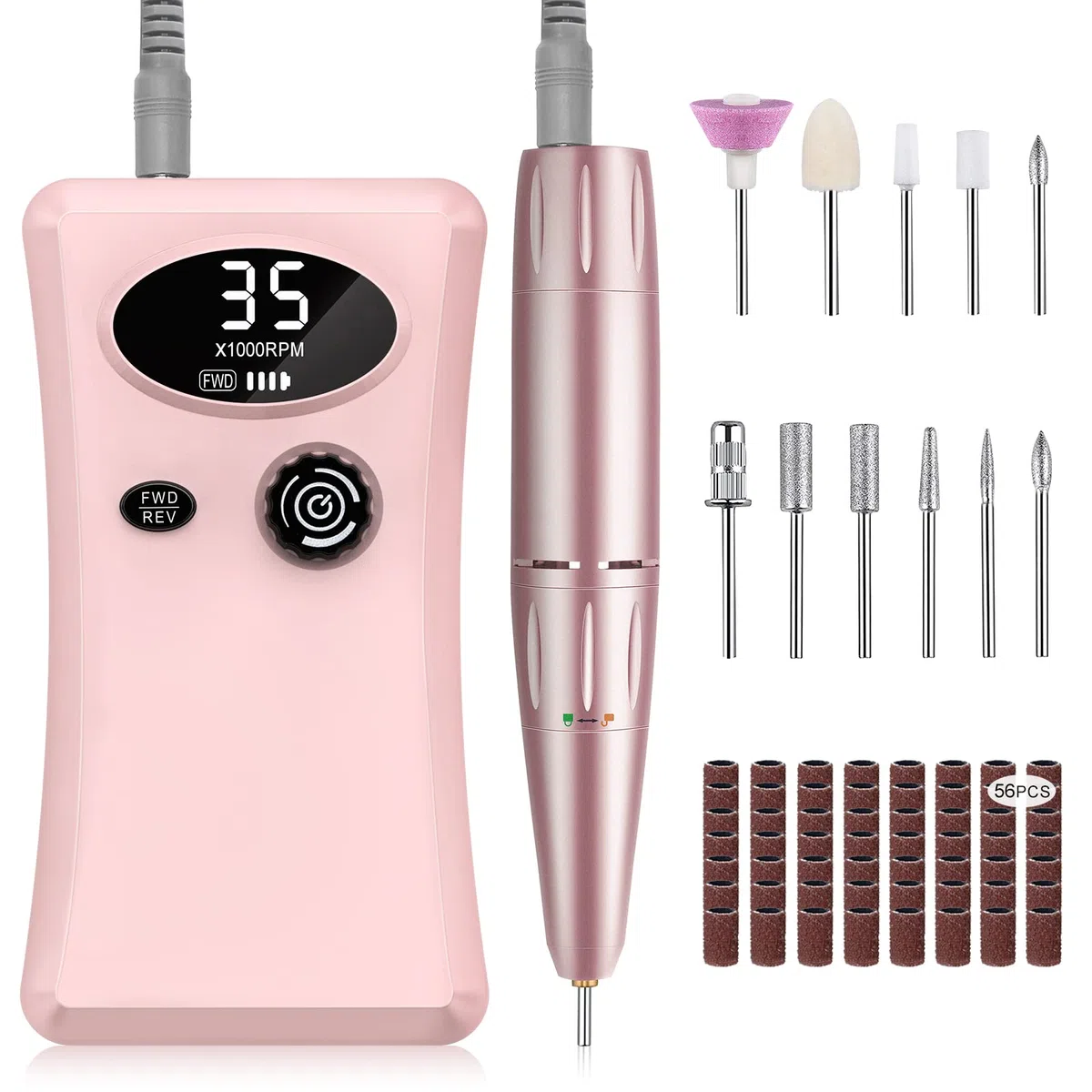 Ponceuse pour Ongles Professionnelle Electrique 35000 RPM Rechargeable avec 11 Embouts Affichage LCD Rose