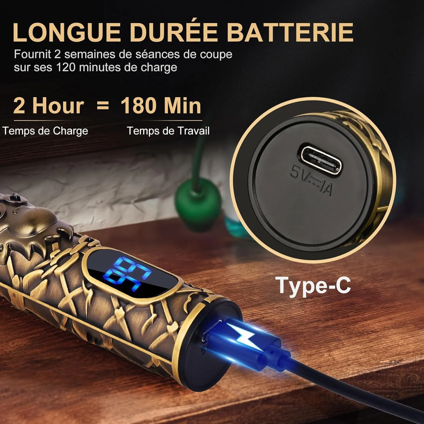 Professionnelle Tondeuse Cheveux Barbe Homme Sans Fil Rasoir avec Affichage Type-C USB, Kit 5-en-1 pour Homme