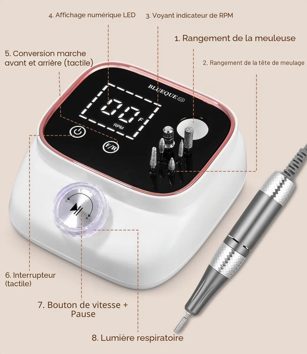 Ponceuse Pour Ongles Professionnelle, Lime A Ongle Electrique, 45000RPM, Ponceuse Ongles avec Écran LCD, Ensemble d’accessoires Kit avec Manucure Pédicure, pour Salon, Usage Maison